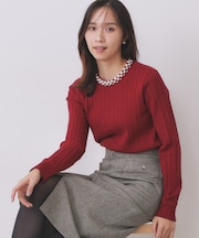 パール調ネックケーブルニット【洗濯機OK】