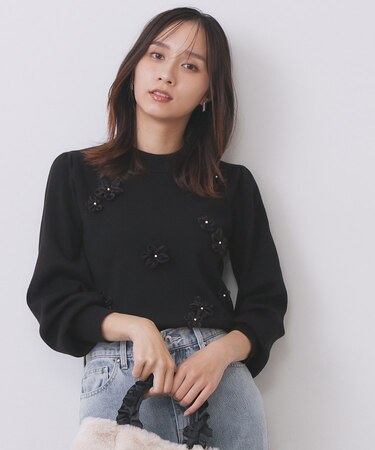 フラワーモチーフハイネックニット【洗える】