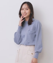 フラワーモチーフハイネックニット【洗える】