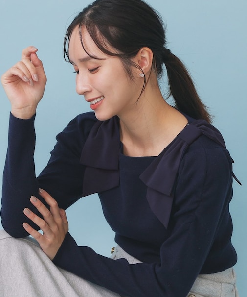 ショルダービッグリボンスクエアニット【洗濯機OK】