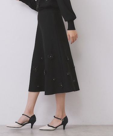 【W店限】オーガンフラワーニットフレアスカート【ハンドウォッシュOK】