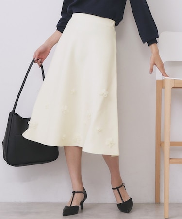 【W店限】オーガンフラワーニットフレアスカート【ハンドウォッシュOK】