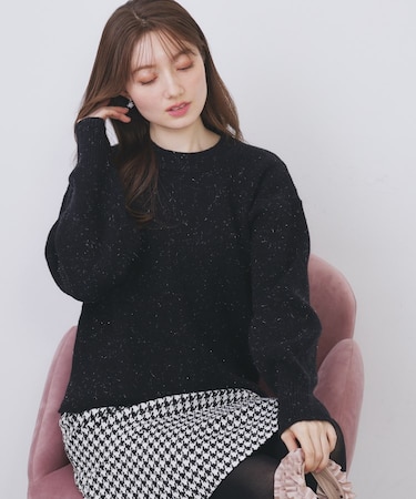 モックネックボクシーラメニット【洗濯機OK】《7col》