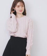 ラメ混ファンシーケーブルVネックニット【洗濯機OK】