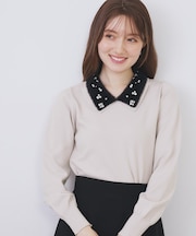 ダブルビジューフェザー衿付きニット【洗濯機OK】