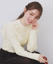 ショルダーチュールフリルハイネックニット【洗濯機OK/抗ピル】