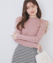 ショルダーチュールフリルハイネックニット【洗濯機OK/抗ピル】