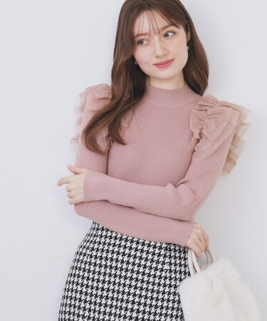 ショルダーチュールフリルハイネックニット【洗濯機OK/抗ピル】