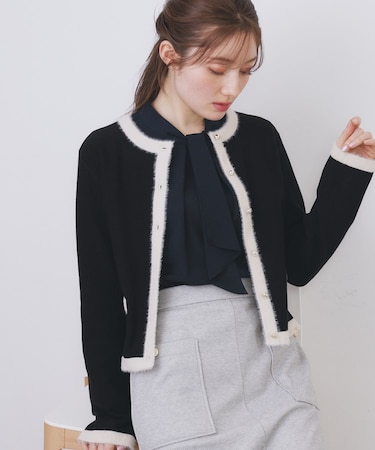 フェザーバイカラークルーネックカーディガン【洗濯機OK】