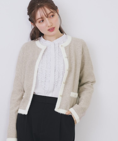 フェザーバイカラークルーネックカーディガン【洗濯機OK】