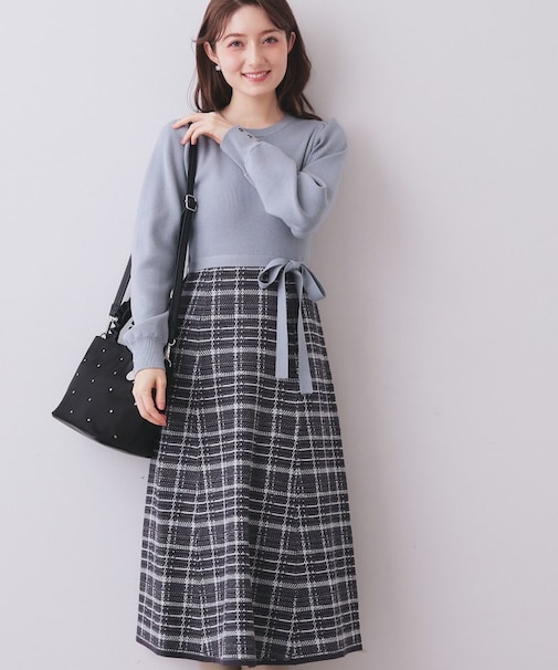 チェックラメジャカードニットワンピース