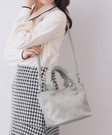 持ち手フリルビジューミドルトートバッグ【2WAY】