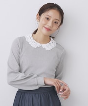 レース衿付きピケジャージトップス【洗濯機OK】