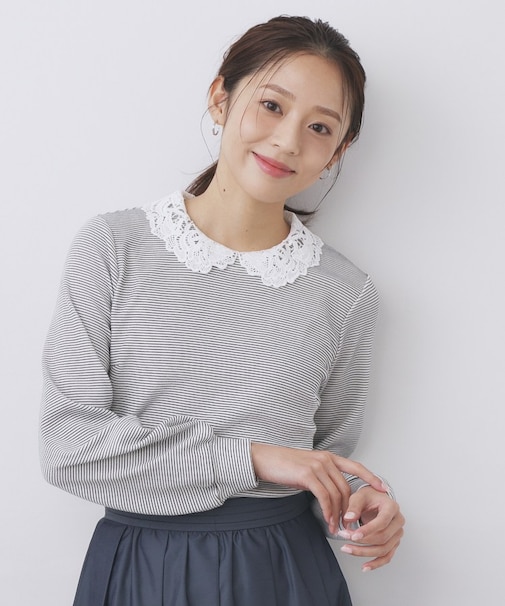 レース衿付きピケジャージトップス【洗濯機OK】