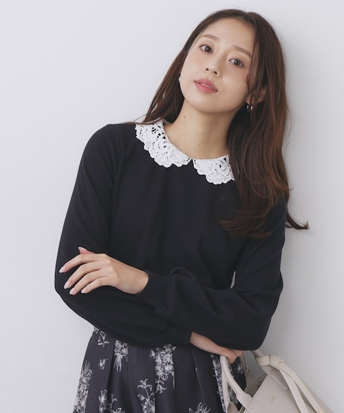 レース衿付きピケジャージトップス【洗濯機OK】｜インデックスの通販