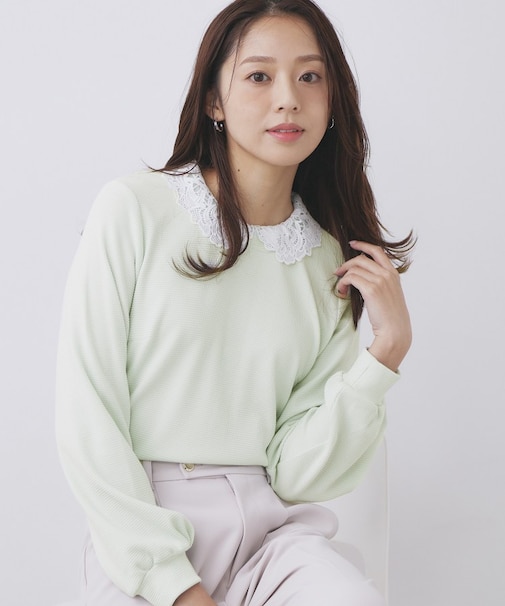 レース衿付きピケジャージトップス【洗濯機OK】