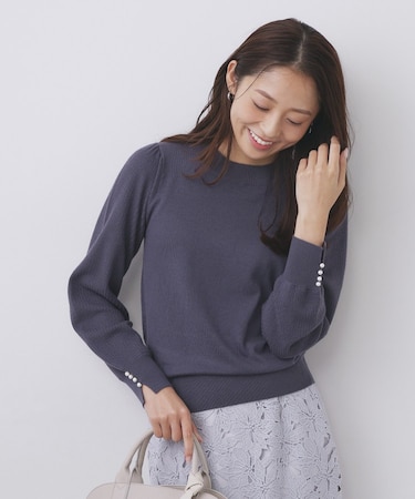 柄編みスリーブハイネックニット【洗濯機OK】