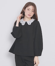 ダブルクロスレース衿ペプラムブラウス【洗濯機OK/ストレッチ】