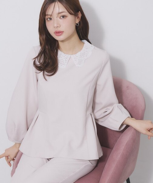 レース衿ペプラムブラウス【洗濯機OK/ストレッチ】