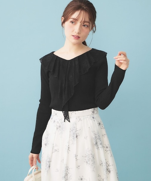 レースフリルVネックリブニット【洗濯機OK/坑ピル】