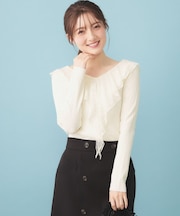 レースフリルVネックリブニット【洗濯機OK/坑ピル】