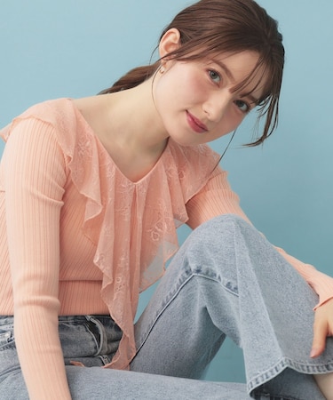 レースフリルVネックリブニット【洗濯機OK/坑ピル】