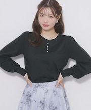 ビジューボタンヘンリーネックニット【洗濯機OK】