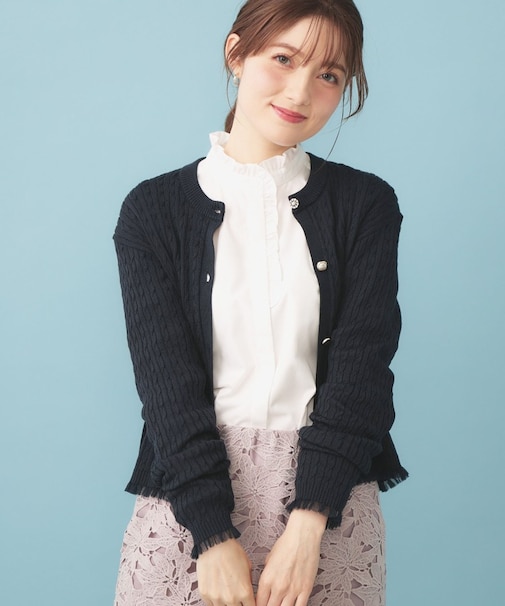 袖シアーフリルケーブルラメカーディガン【洗濯機OK/坑ピル】