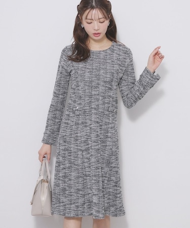 ミックスツィードパネルフレアワンピース【ハンドウォッシャブル／イージーアイロン／ストレッチ】