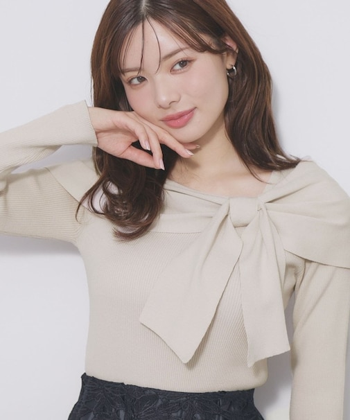 オフショルリボンリブニット【洗濯機OK】