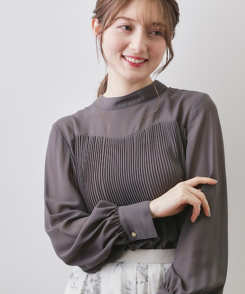 エアリープリーツスタンドカラーブラウス【洗濯機OK/イージーアイロン/防シワ】《5col》