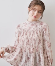 エアリープリーツスタンドカラーブラウス【洗濯機OK/イージーアイロン/防シワ】《5col》