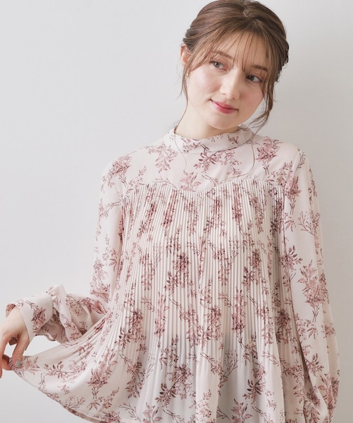 エアリープリーツスタンドカラーブラウス【洗濯機OK/イージーアイロン/防シワ】《5col》