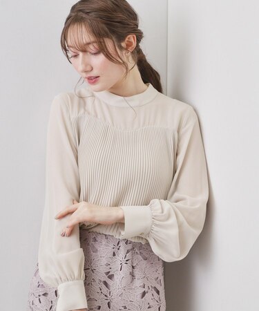 エアリープリーツスタンドカラーブラウス【洗濯機OK/イージーアイロン/防シワ】《5col》