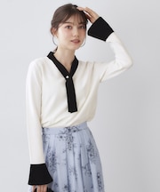 バイカラーボウタイパール調ニット【洗濯機OK】