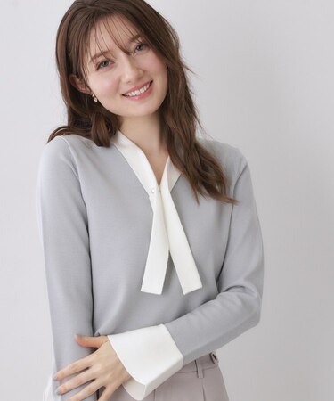 バイカラーボウタイパール調ニット【洗濯機OK】