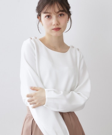 肩ボタンボートネックトップス【洗濯機OK】