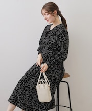 リボンボウタイドットワンピース【洗濯機OK/イージーアイロン/防シワ】