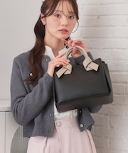 2WAYバイカラーリボンハンドル合皮ミドルトートバッグ