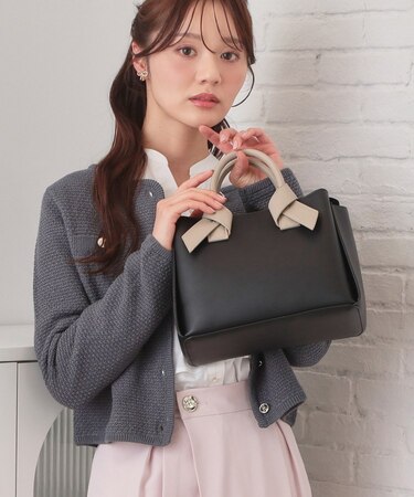 2WAYバイカラーリボンハンドル合皮ミドルトートバッグ