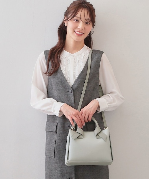 2WAYバイカラーリボンハンドル合皮ミドルトートバッグ