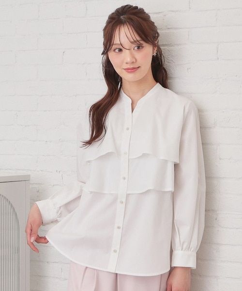 フリルキーネックシャツ【洗濯機OK/イージーアイロン/防シワ】《XS-LL