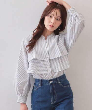 フリルキーネックシャツ【洗濯機OK/イージーアイロン/防シワ】《XS-LL/7col》