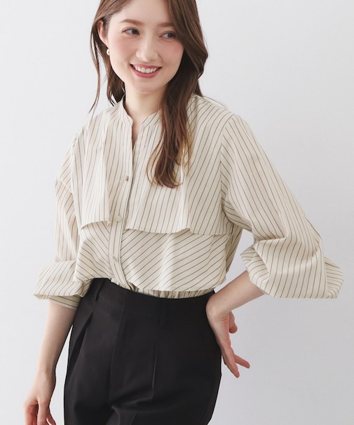 フリルキーネックシャツ【洗濯機OK/イージーアイロン/防シワ】《XS-LL/7col》