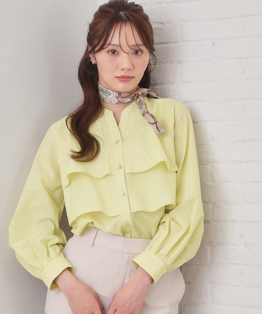 フリルキーネックシャツ【洗濯機OK/イージーアイロン/防シワ】《XS-LL/7col》