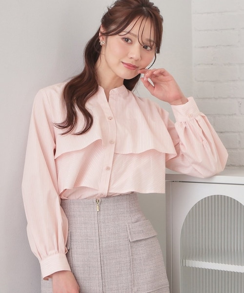 フリルキーネックシャツ【洗濯機OK/イージーアイロン/防シワ】《XS-LL