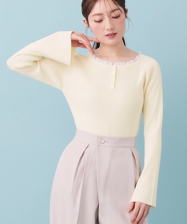 レーストリムヘンリーフレアスリーブニット【洗濯機OK】