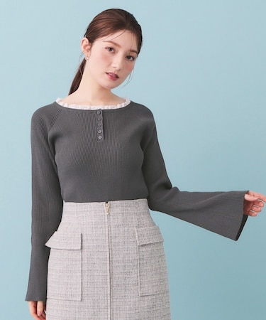 レーストリムヘンリーフレアスリーブニット【洗濯機OK】