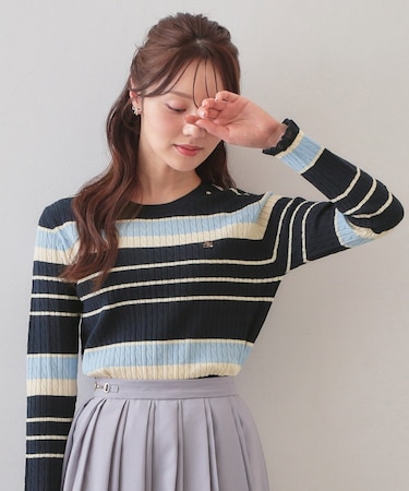 ランダムボーダーケーブルニット【洗濯機OK/坑ピル】