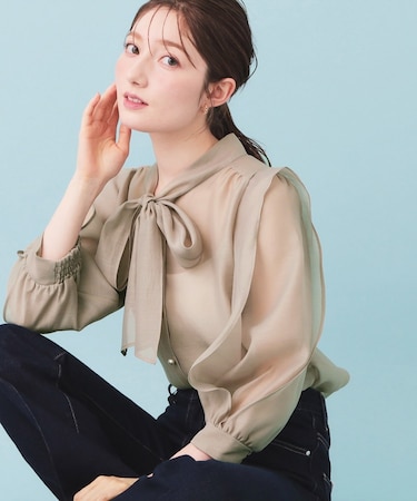 オーガンシアーリボンフリルブラウス【洗濯機OK/イージーアイロン】